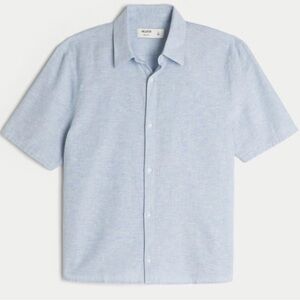Hollister Men's Light Heather Blue Short Sleeve Linen-Blend Button Down